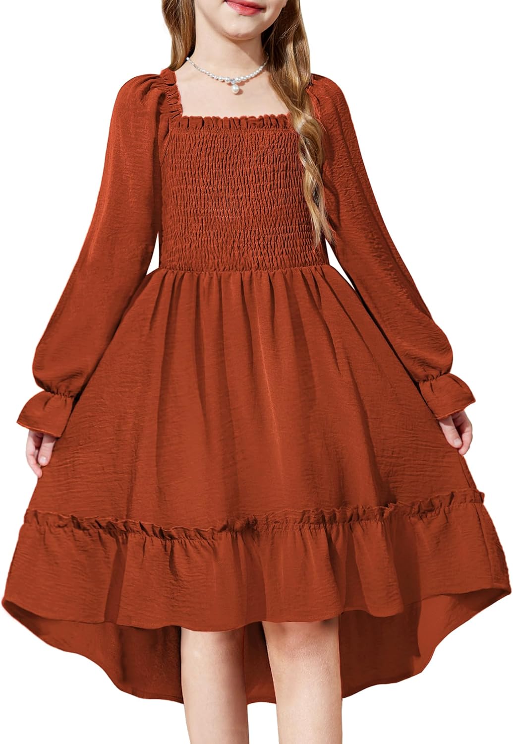 Arshiner Girls Dresses Puff Long Sleeve High Low Swing Midi Dress