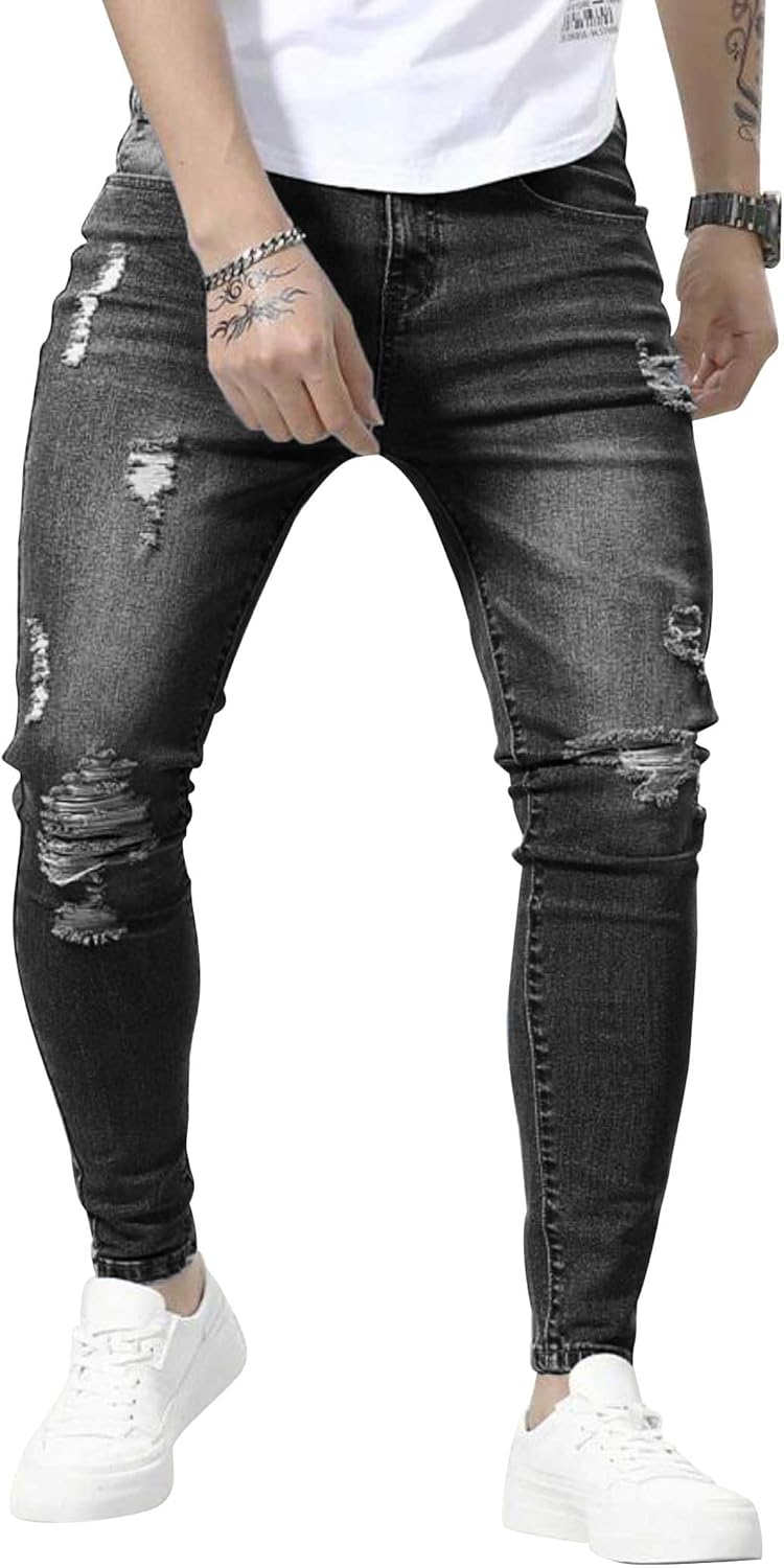 HUNGSON Skinny Jeans for Men Stretch Slim Fit Ripped Distressed