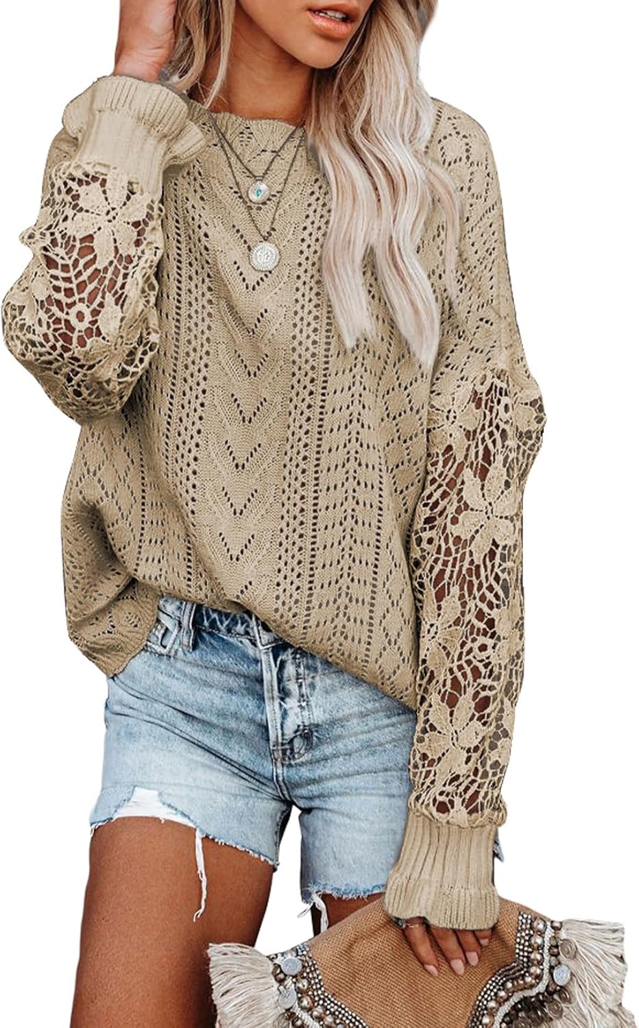 Dokotoo Womens Crochet Lace Long Sleeve Sweater for Fashion