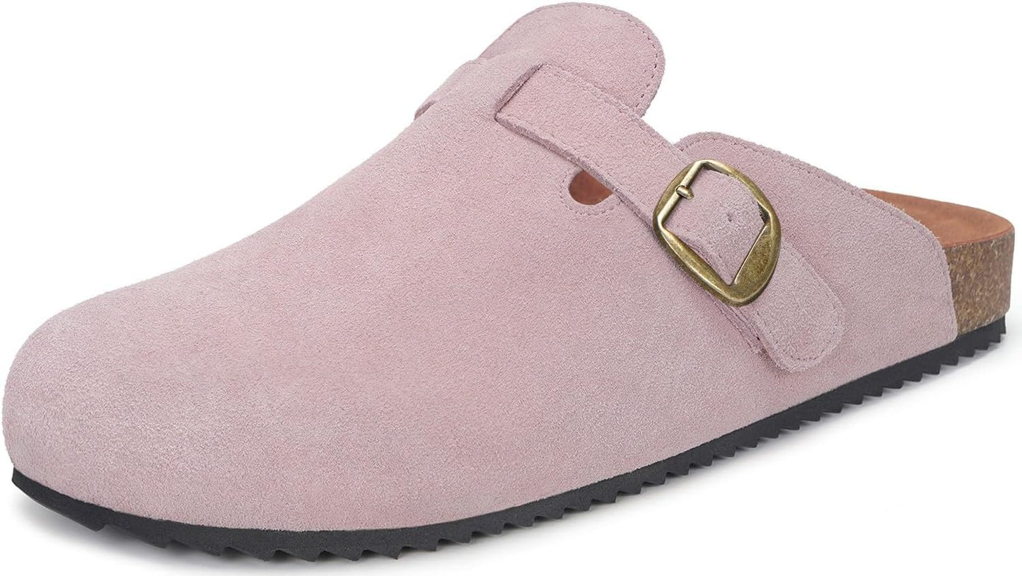 Womens Suede Clogs with Arch Support and Cork Footbed Sandals