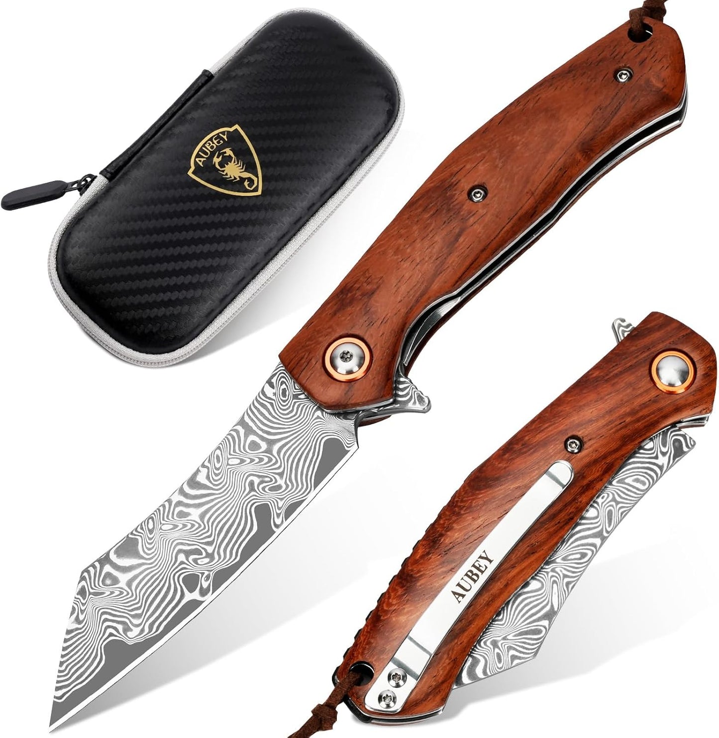AUBEY Pocket Knife for EDC - Sharp Damascus Steel Folding Knife