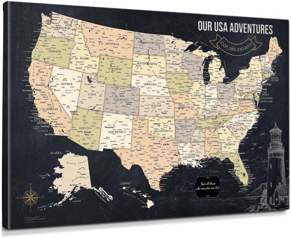 USA Map Canvas Painting for Wall Decor by IPIC - Travel Tracker