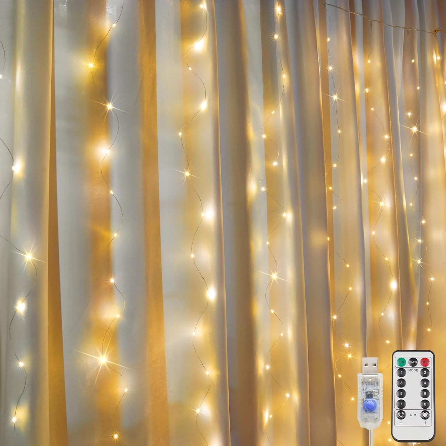 Suddus 200 LED Curtain Lights - Remote Control, Warm White