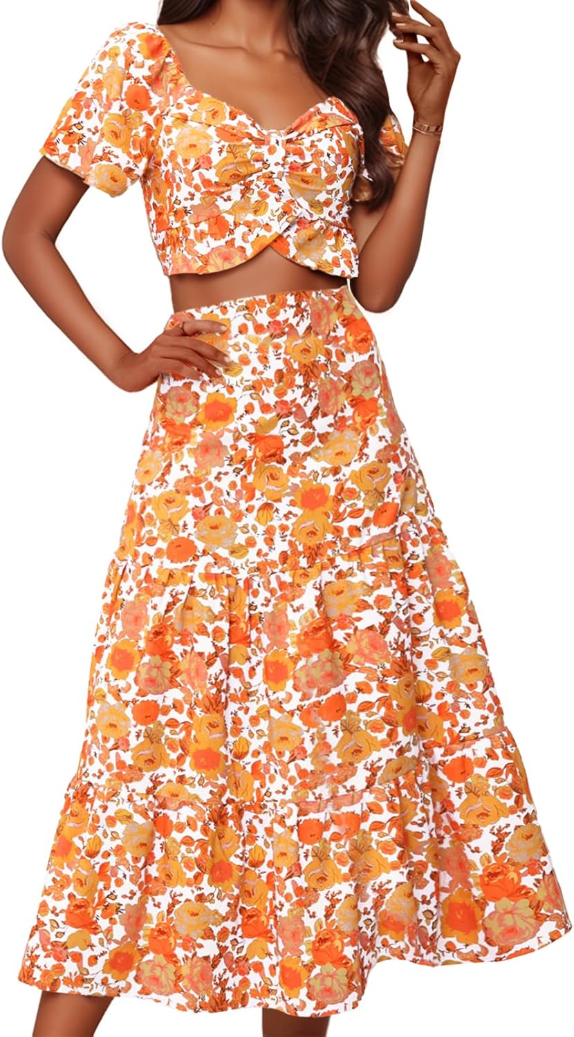 Floral Skirt Set Outfits Suit for Women - Casual Boho Dress
