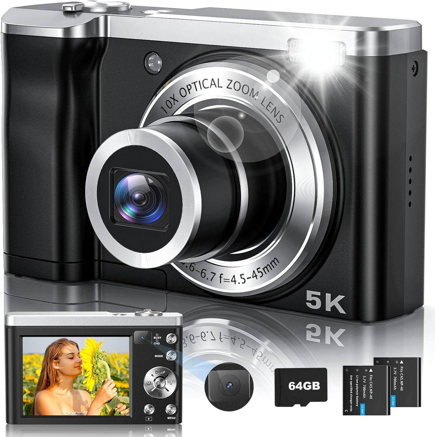 5K Vlogging Camera with 10X Zoom, 64GB Card & Dual Selfie Lens