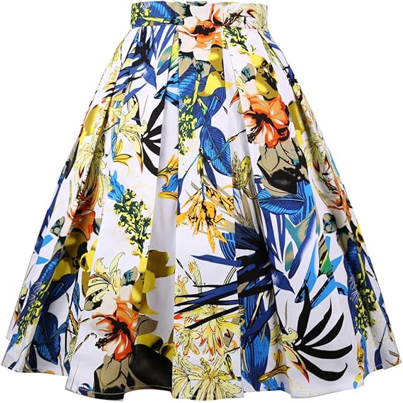 Girstunm Women's Pleated Vintage Floral Print A-line Midi Skirt