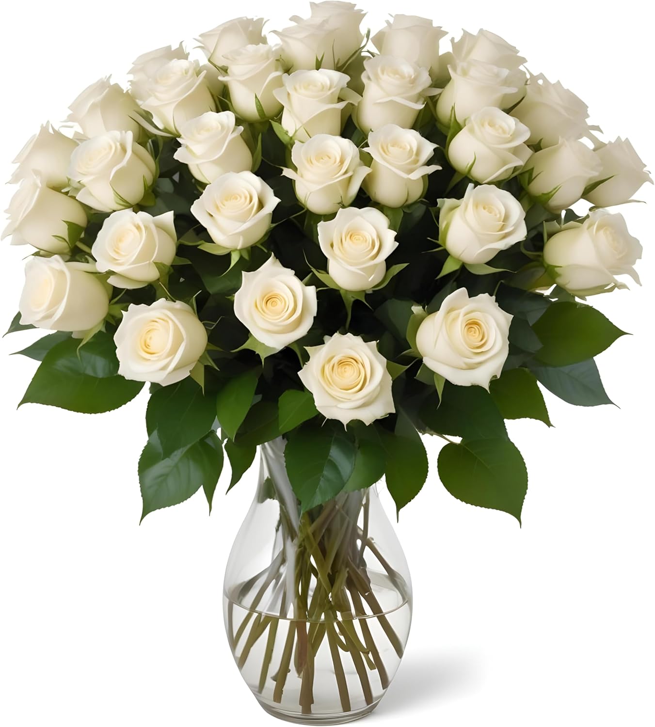 25 White Roses in Hand Blown Glass Vase for Every Occasion