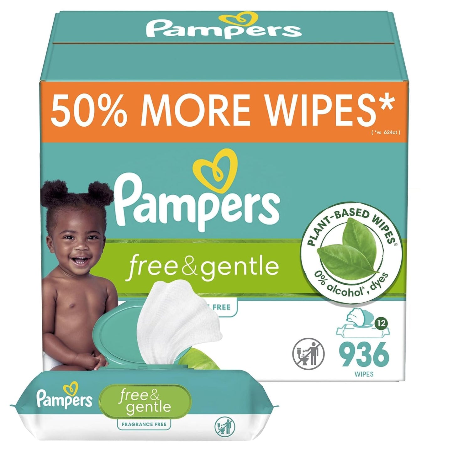 Pampers Free & Gentle Baby Wipes - Plant-Based, Plastic-Free