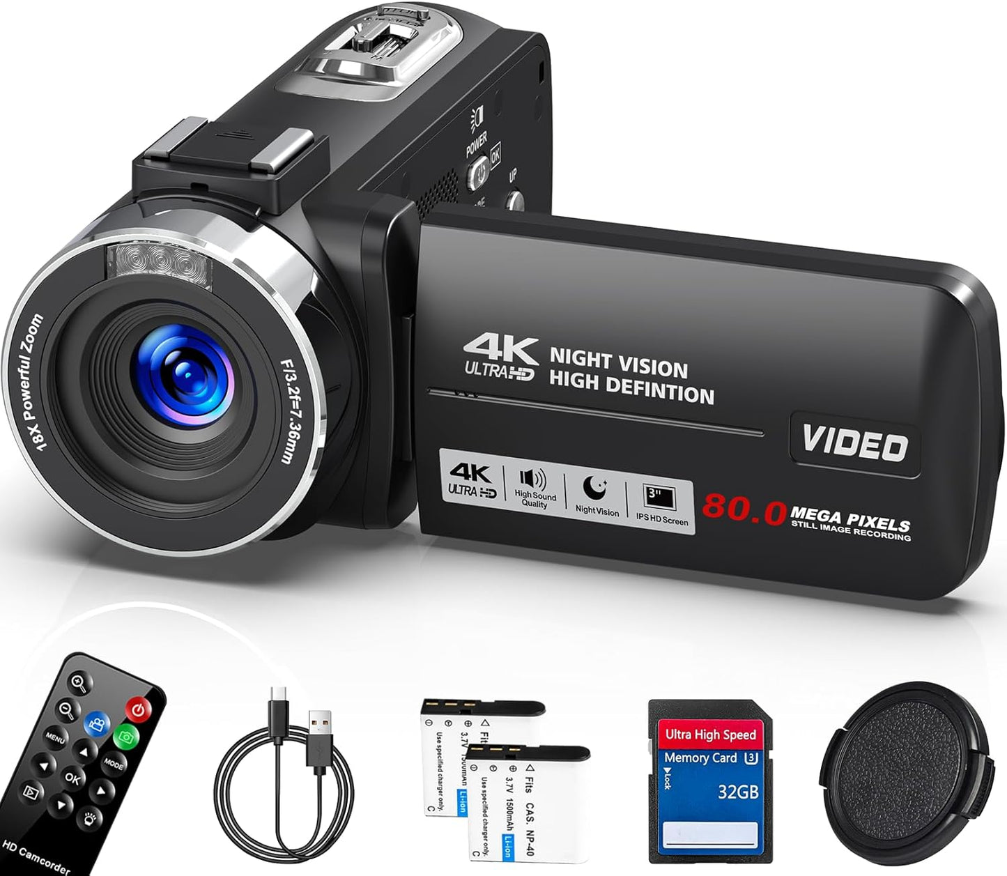 4K HD Camcorder Video Camera with Night Vision and Zoom