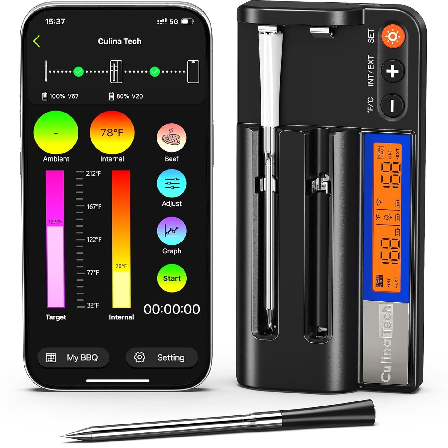 CulinaTech Wireless Meat Thermometer: Dual Probes, 700FT Range
