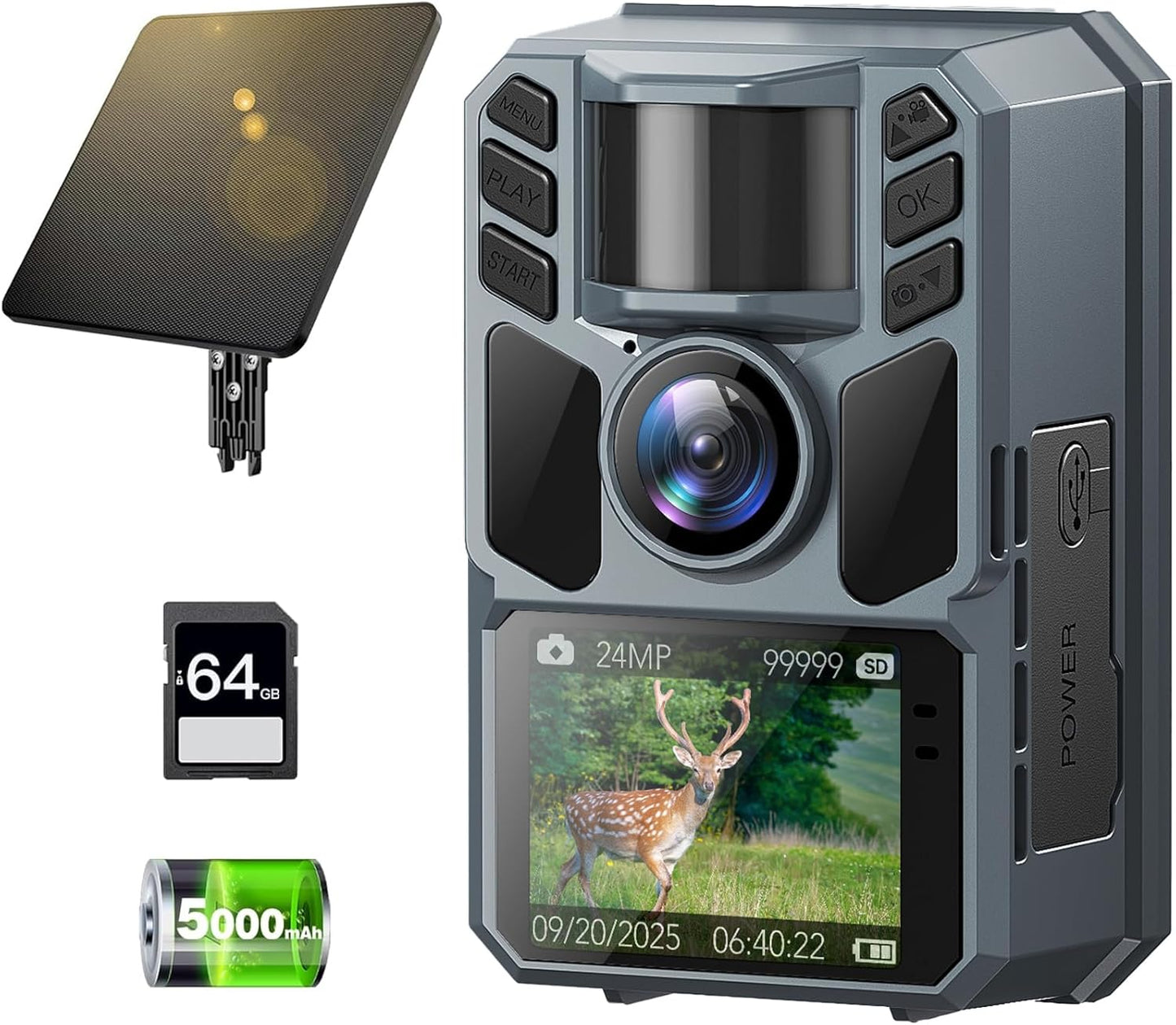 Trail Camera Solar Panel 4K 64MP with 5000mAh Battery