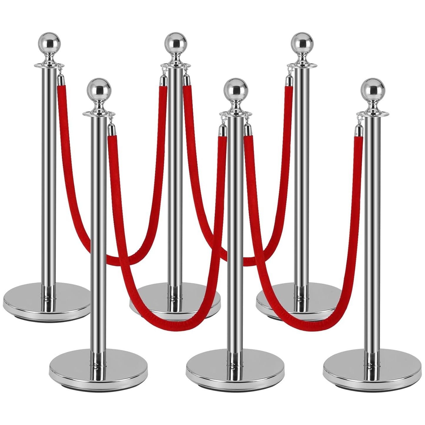 6Pack Silver Stanchion Post with Red Velvet Ropes for Events