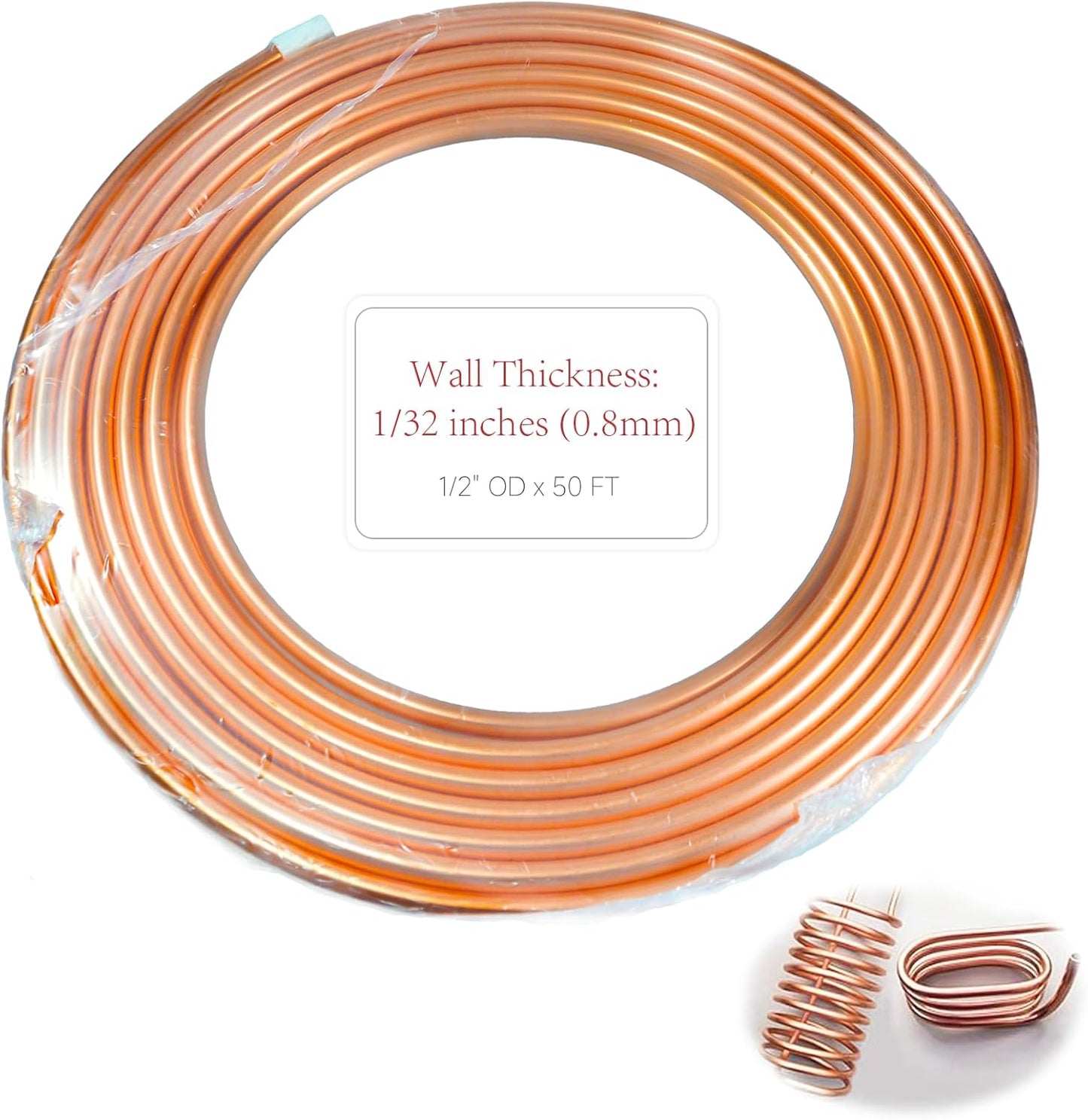 99.9% Copper Tube 1/2in OD x 7/16in ID 50 Ft for Refrigeration