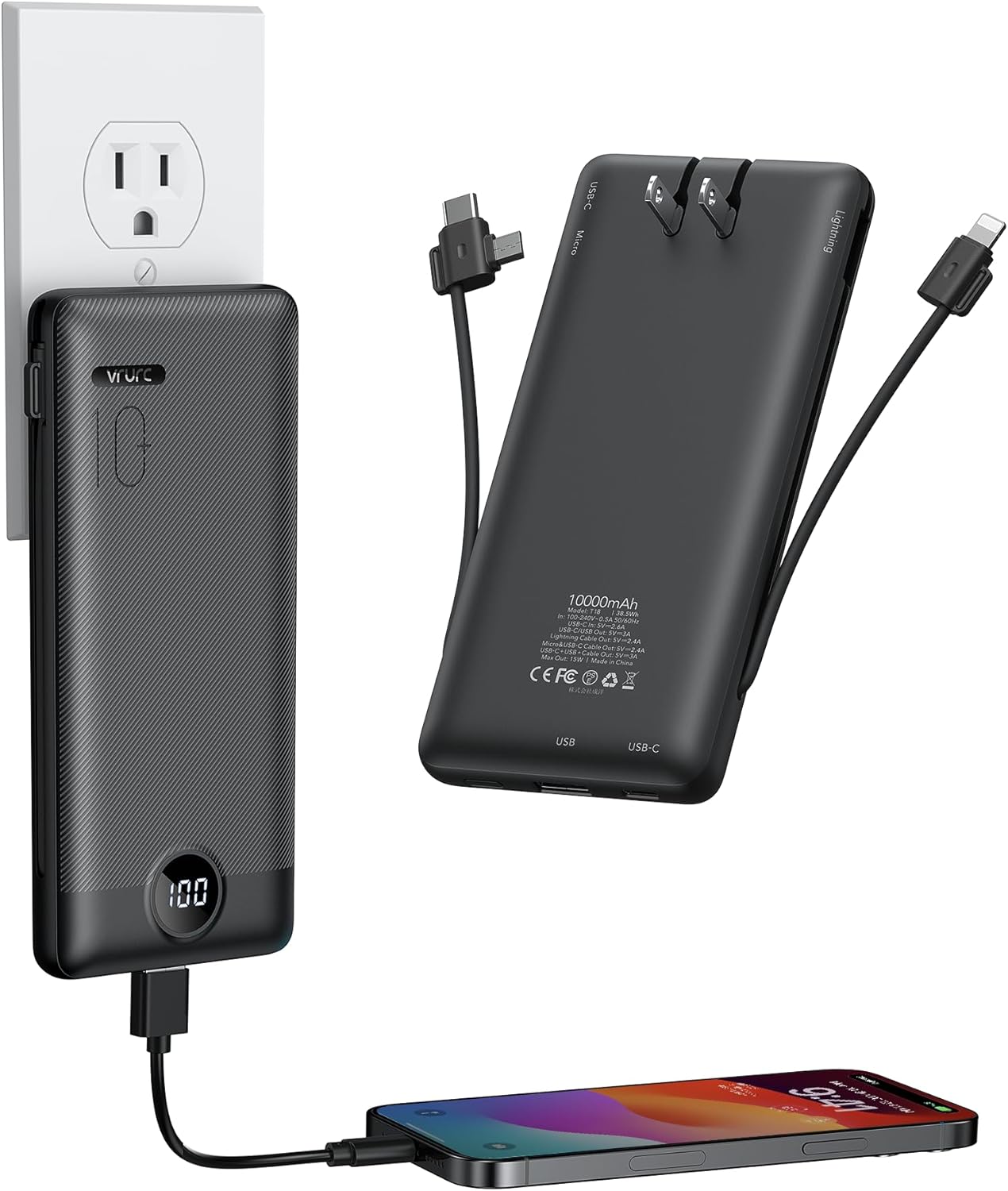 VRURC 10000mAh Slim Fast Charger - Built-in Cables, PD 20W