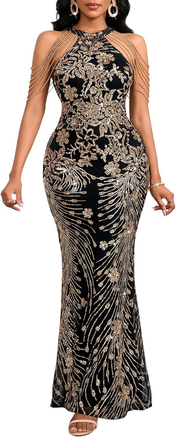 Cololura Women Sexy Elegant Sequin Tassel Off Shoulder Dress