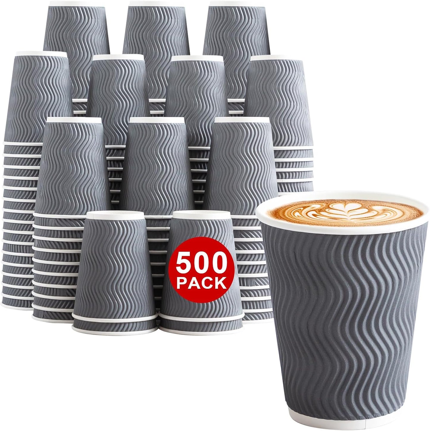 500 Count 12 oz Insulated Coffee Cups | Corrugated Ripple Wall Design | Hot Beverage | Grey