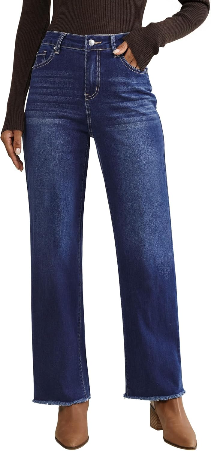 Vetinee Straight Leg Jeans for Women with Frayed Hem Style