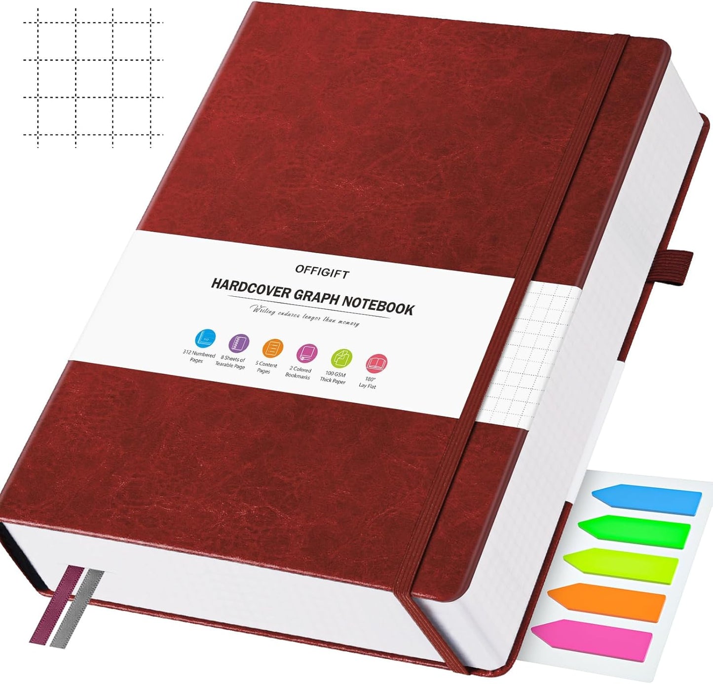 Premium Grid Paper Journal, 312 Numbered Pages, No Bleed 100gsm Grid Notebook, Ideal for Math & Notes, A5 Hardcover, Burgundy
