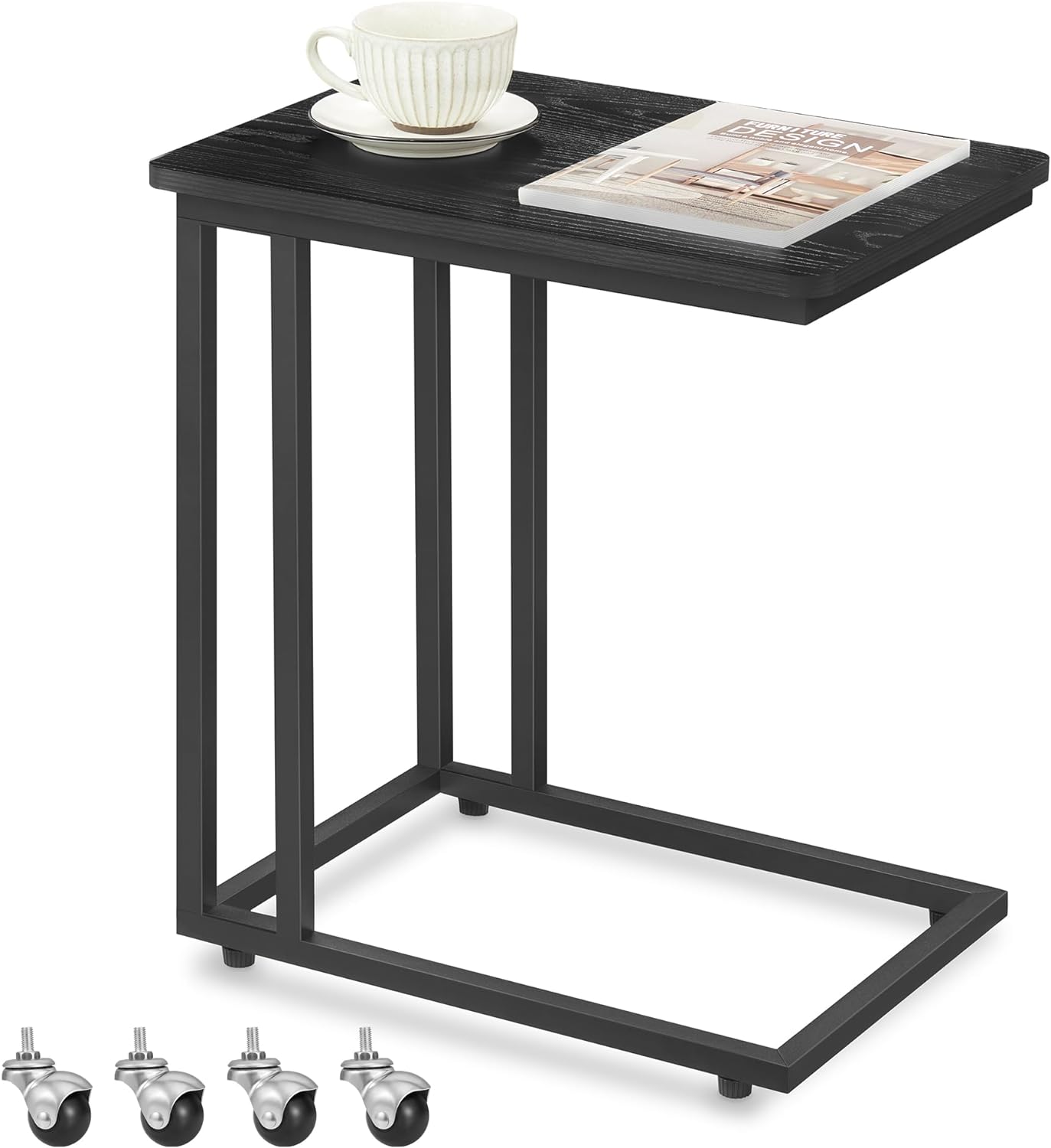 C Shaped End Table with Rolling Casters for Living Room Use