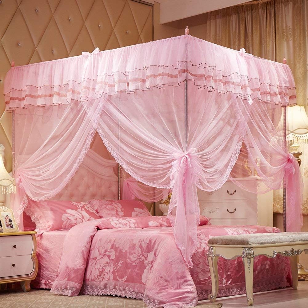 Pink Canopy Bed Curtain - 4 Corner Post Net - Princess Bedroom Decor
