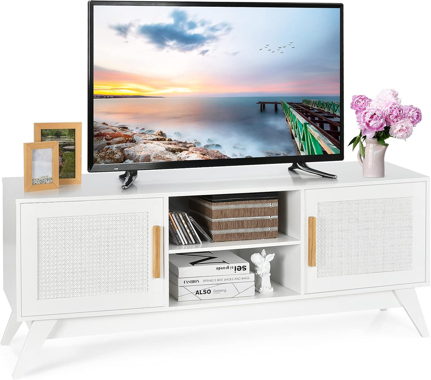 Modern 65 TV Stand, Adjustable Shelves, Weaved Cabinets