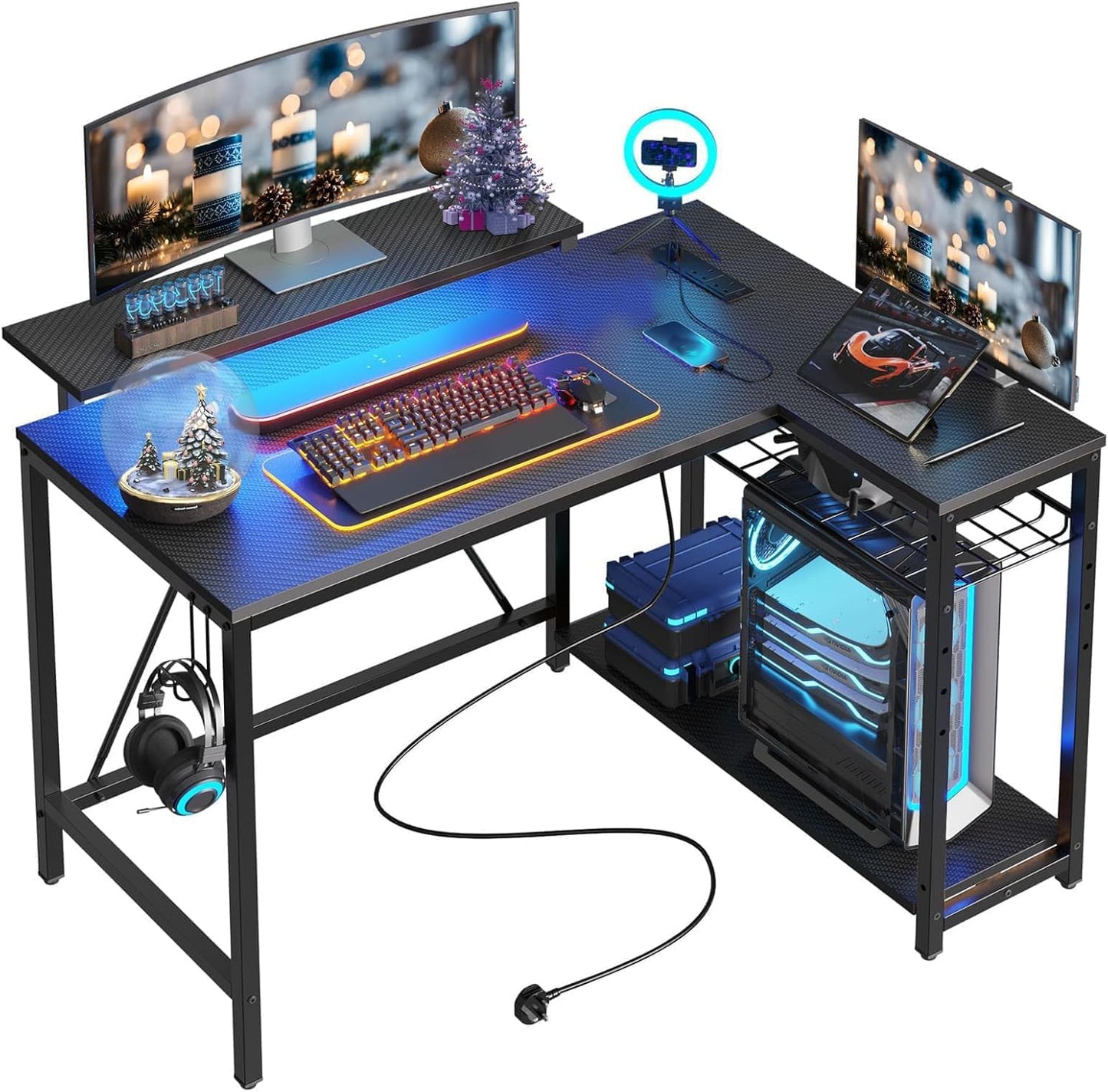 Bestier 42in L-Shaped Gaming Desk with Power Outlets & LED Lights