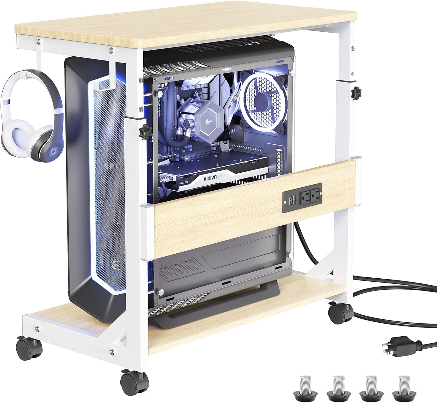 Height Adjustable Computer Tower Stand with USB Charging Ports