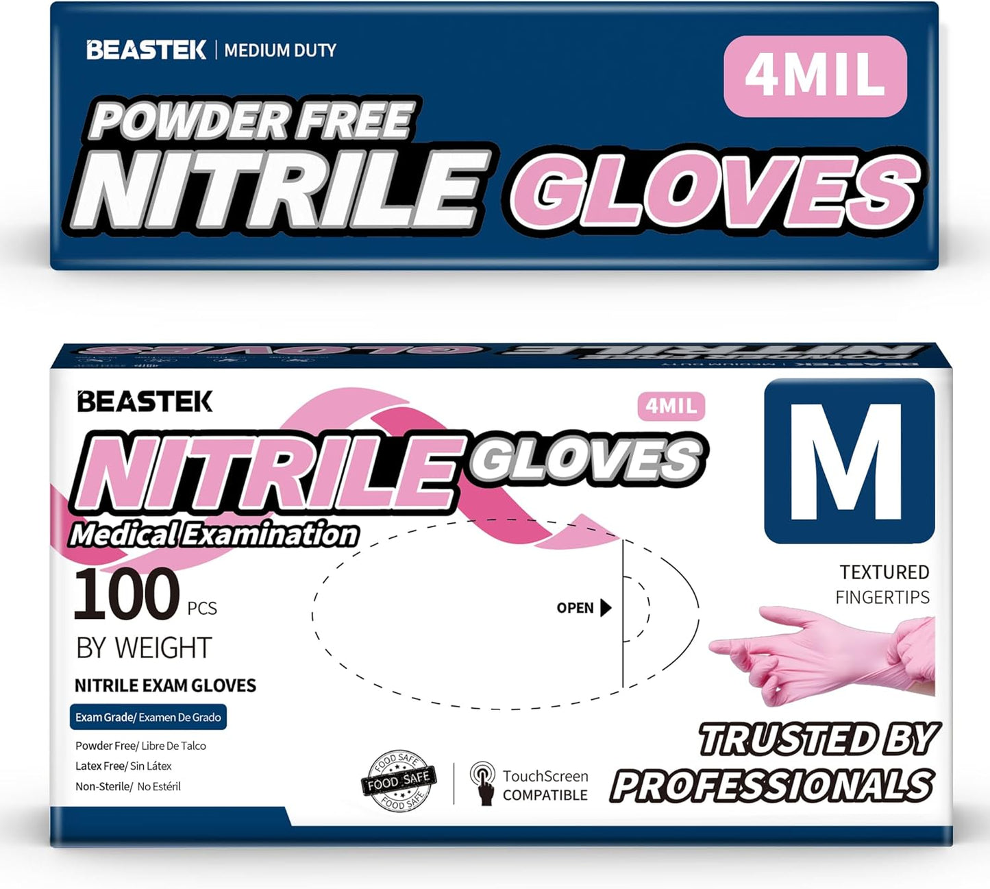 Beastek Pink Nitrile Gloves - 4.0 Mil, 100 Pcs, Powder-Free, Latex-Free