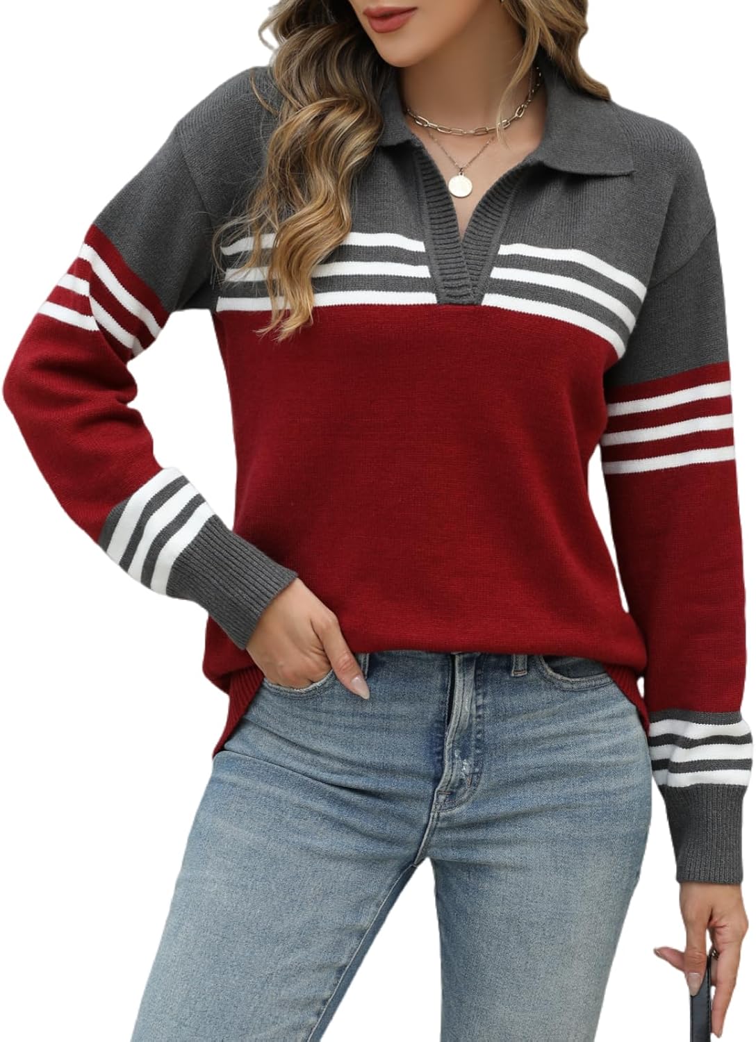 CiCiBird Women Fall V Neck Sweater Color Block Casual Pullover