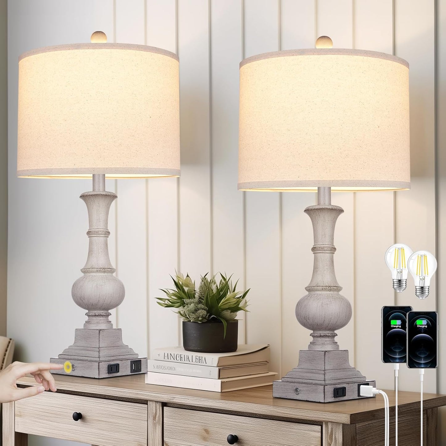 Farmhouse Lamps Set of 2 with USB Ports and Dimmable Touch Control