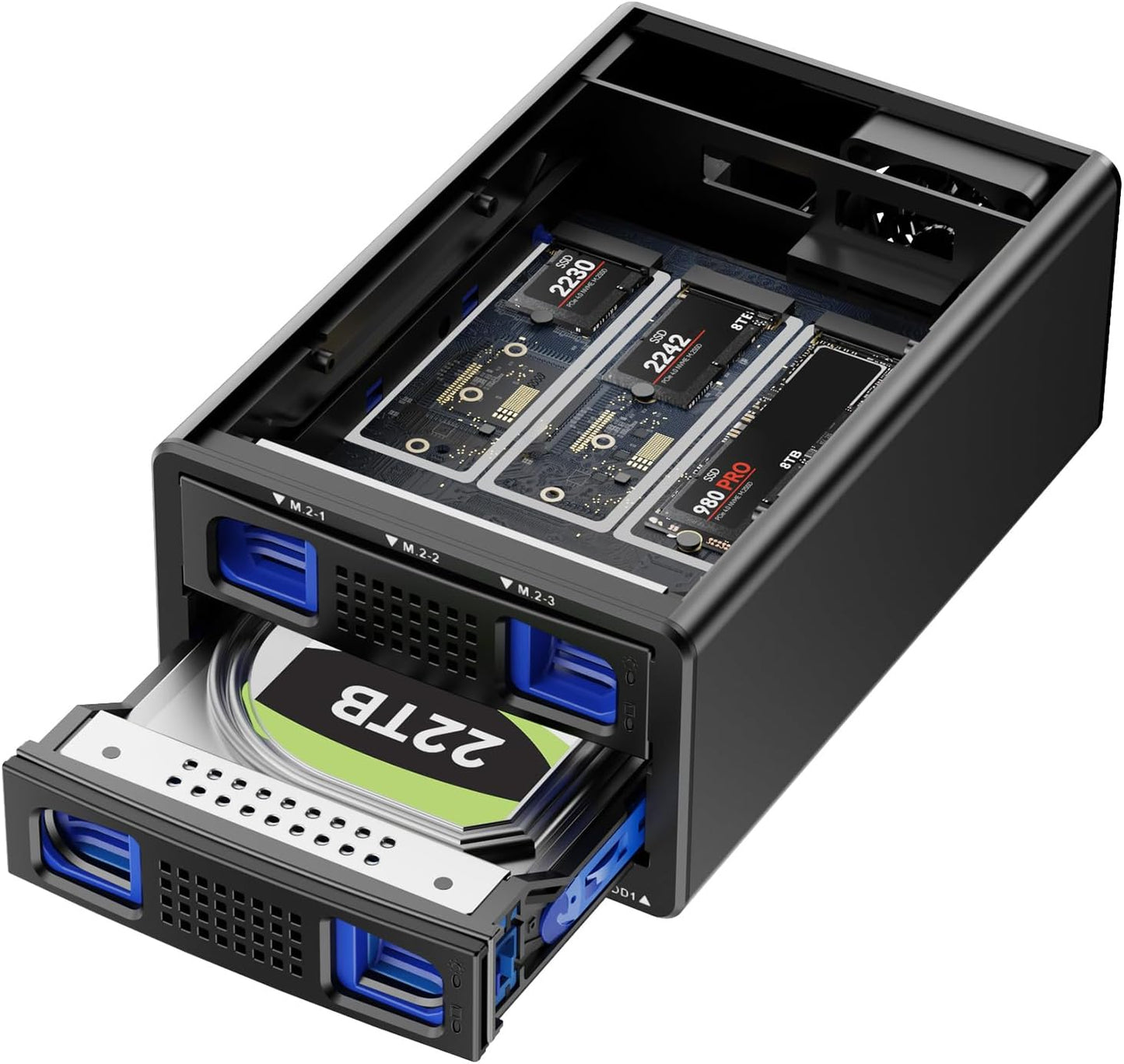 Hybrid SATA HDD/SSD and M.2 NVMe Enclosure with Cooling Fan