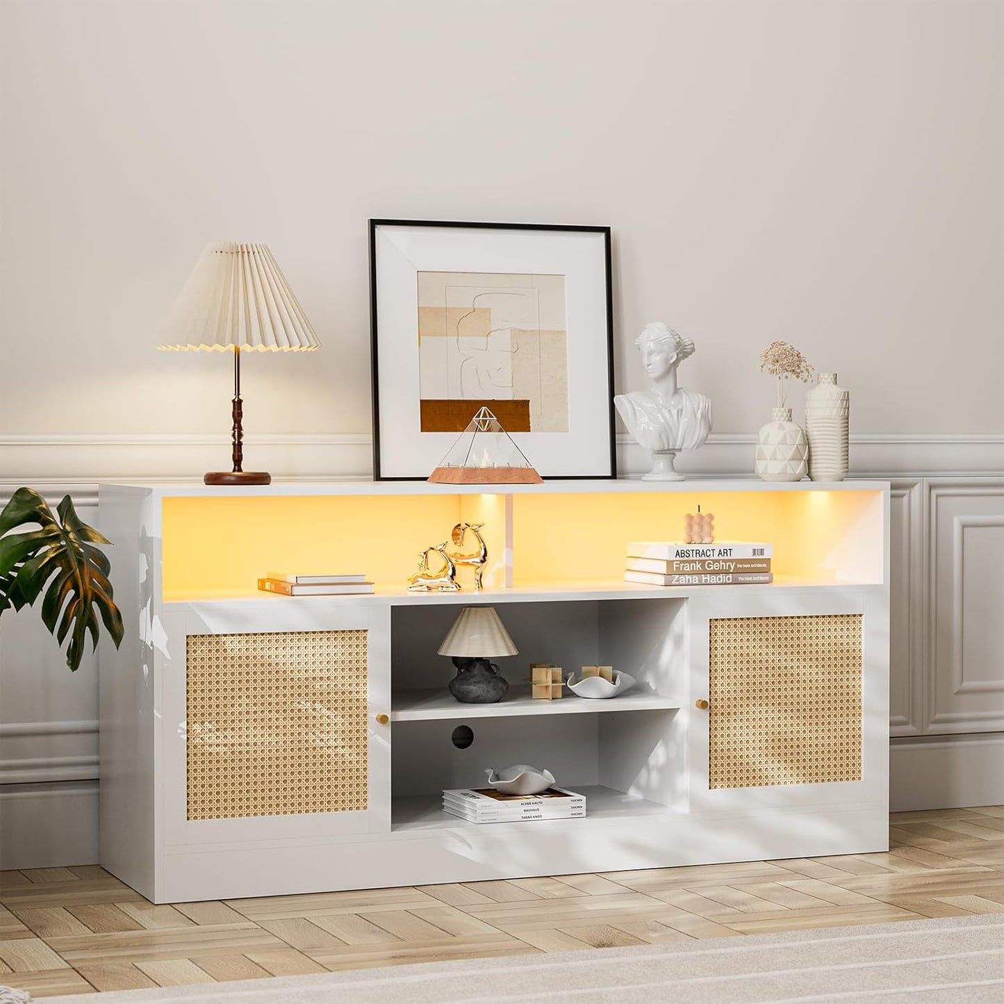 65 LED Rattan TV Stand: Farmhouse Chic