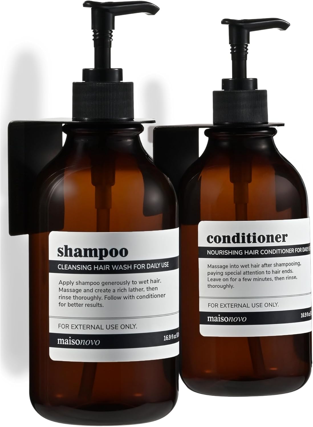 Shampoo and Conditioner Dispenser Set - Wall Mounted Amber Bottles