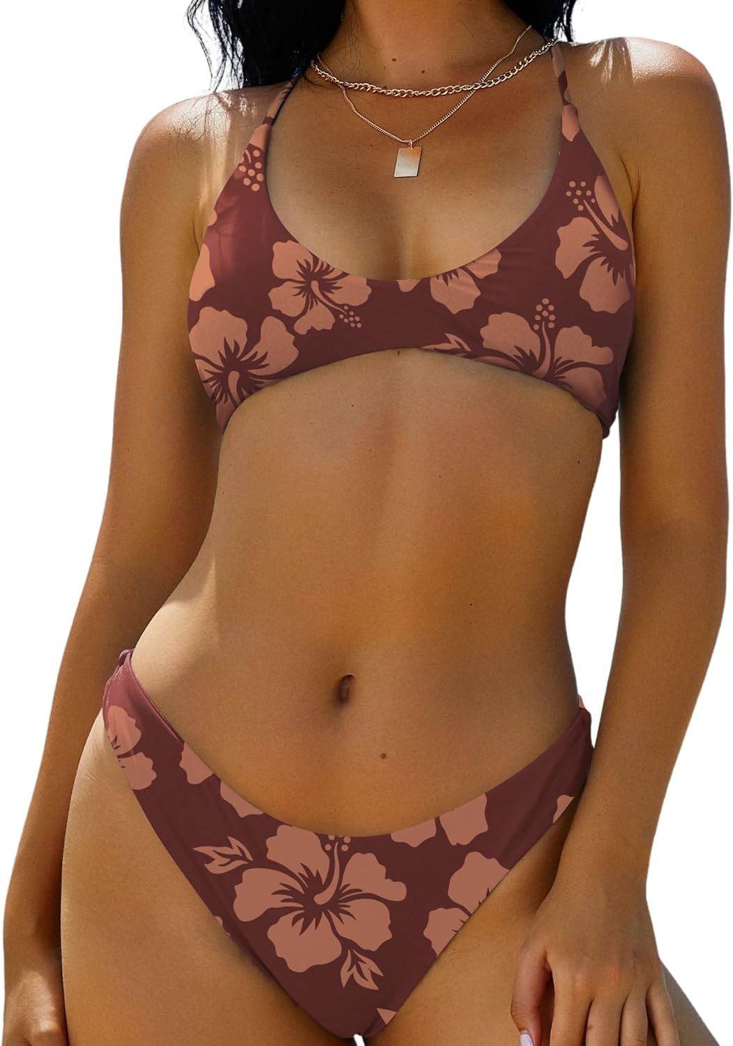 ZAFUL Women's Tie Back Padded High Cut Bralette Bikini Set