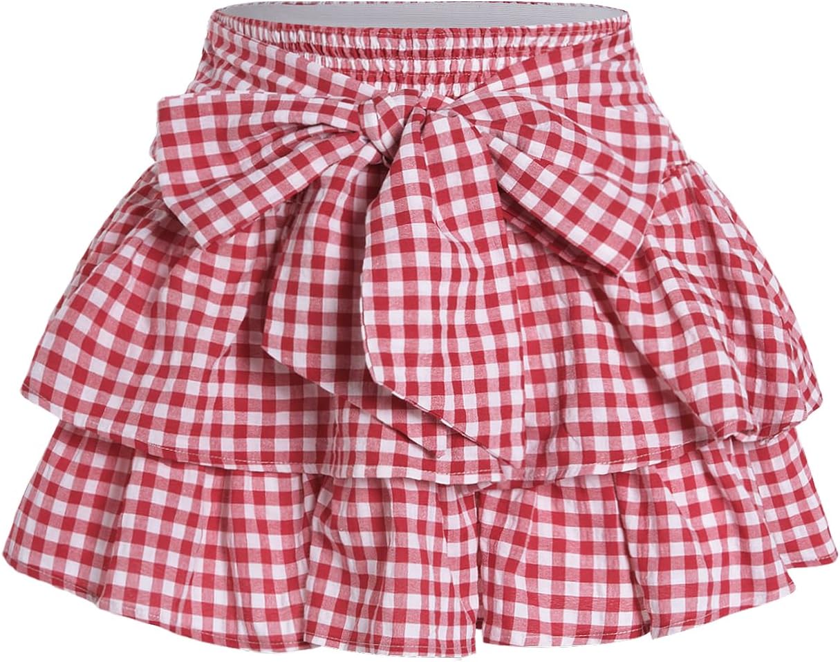 Women's Bow Front Mini Skirt with Shirred Waist and Ruffle Hem