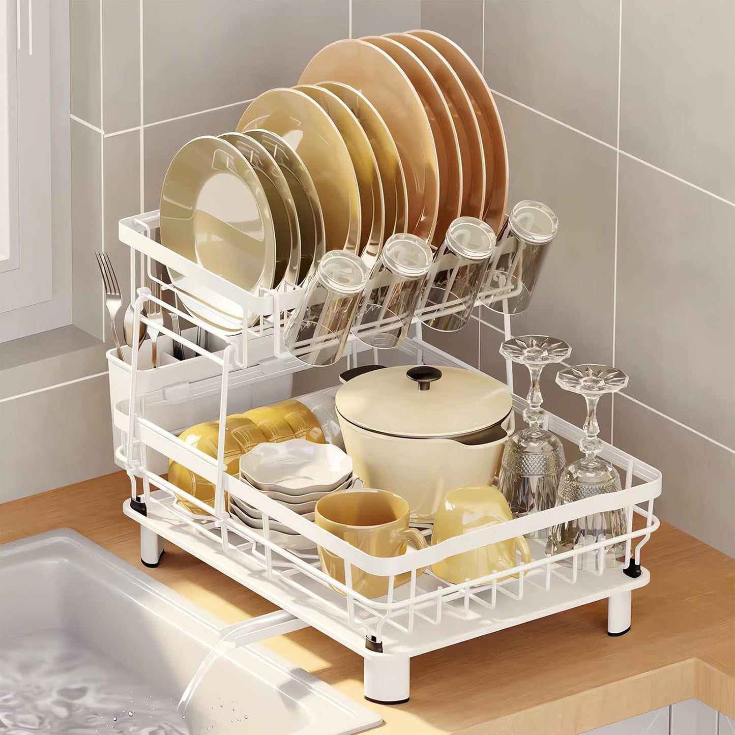 Space Saving Dish Drying Rack for Kitchen with Cutlery Holder