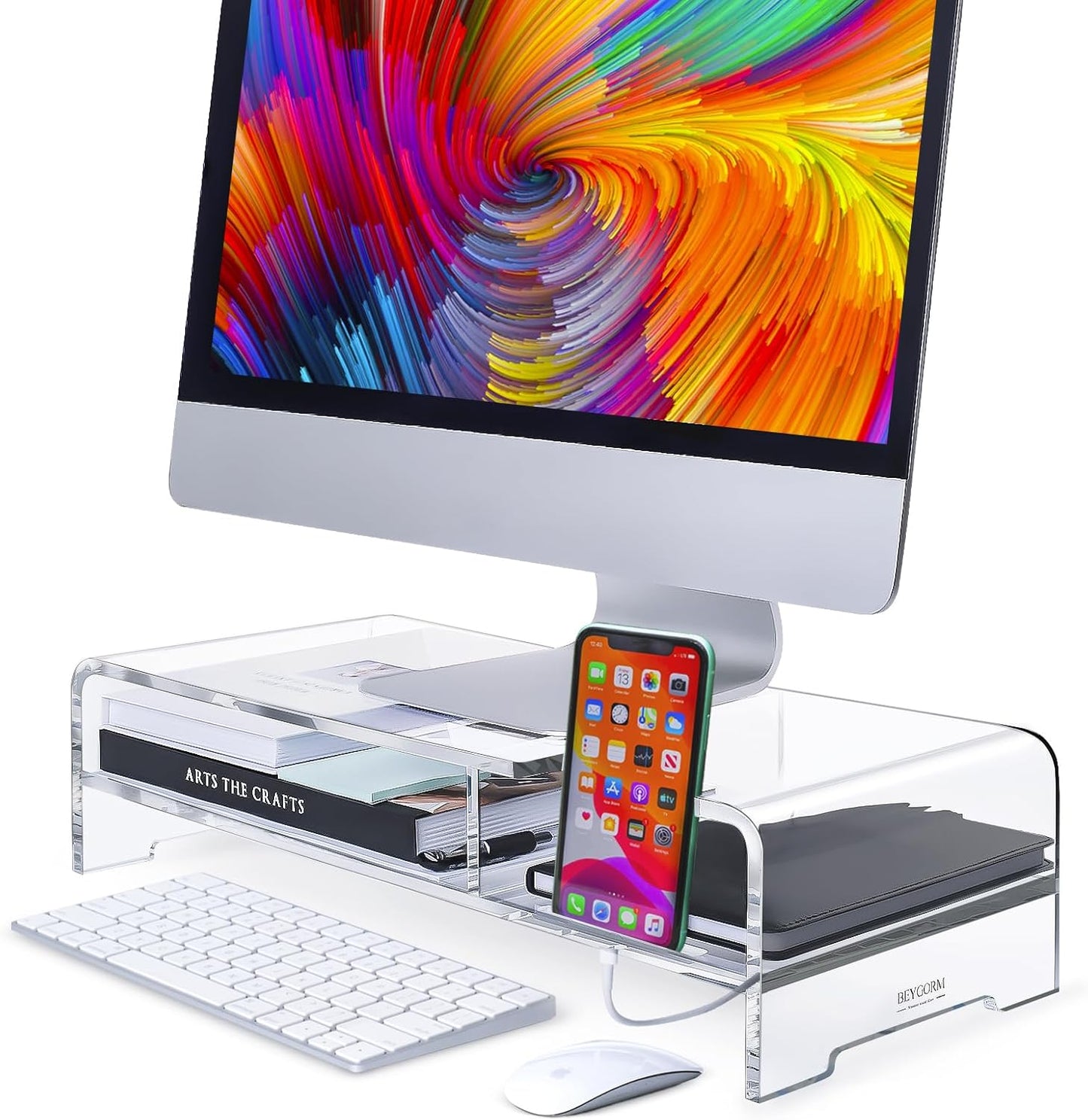 BEYGORM Acrylic Monitor Stand Riser for Full Keyboard Storage