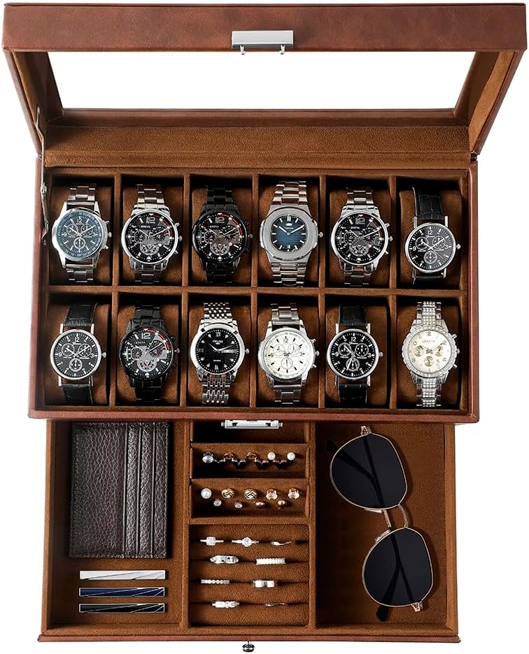 GUKA Watch Box with Real Glass Lid and 12 Slots for Jewelry