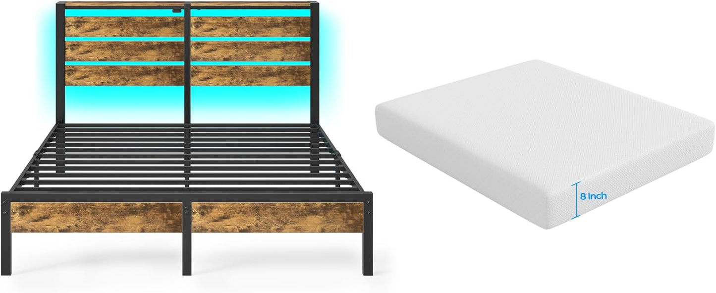 Rolanstar Queen Bed Frame with LED, Charging Station & Storage
