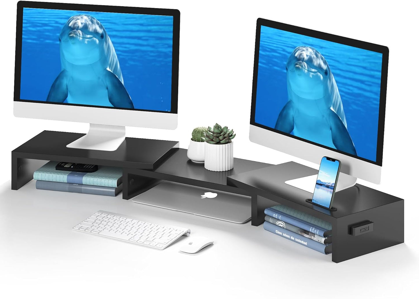 BONTEC Wooden Dual Monitor Stand - Organize with Style