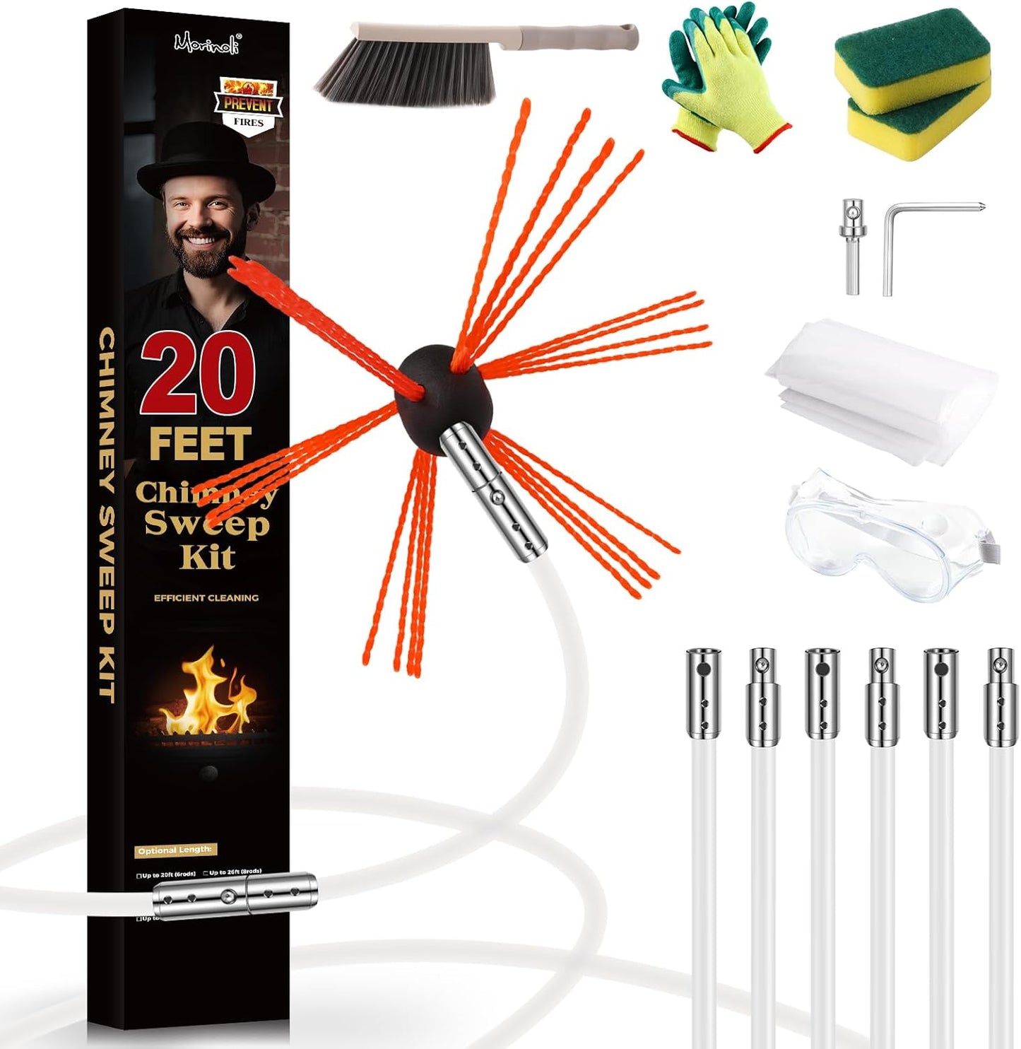 20 Feet Chimney Sweep Kit with Chrome Button Locking System