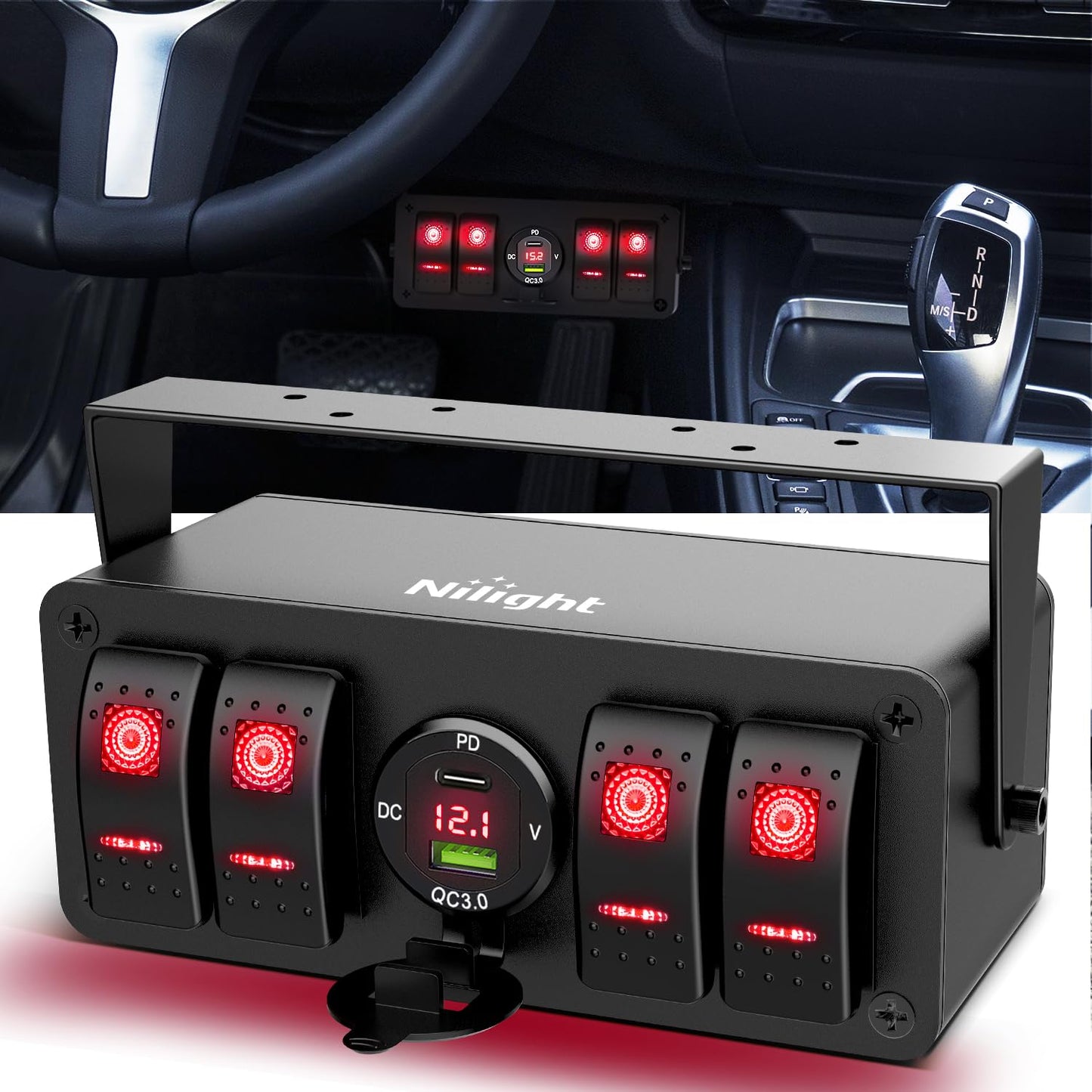 Nilight 4 Gang Rocker Switch Box with USB Charger and Voltmeter