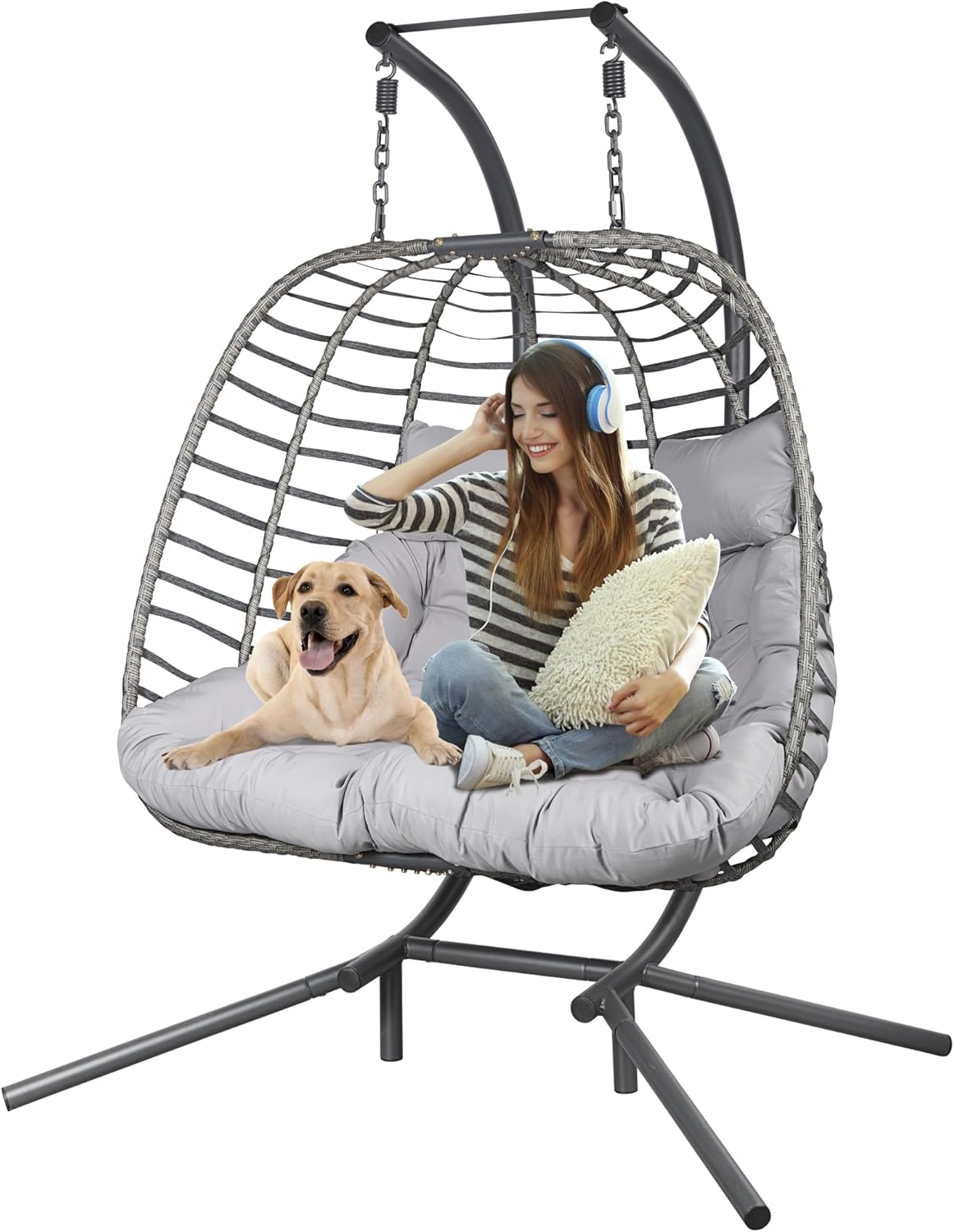 Double Hanging Egg Chair with Stand for Indoor and Outdoor Use