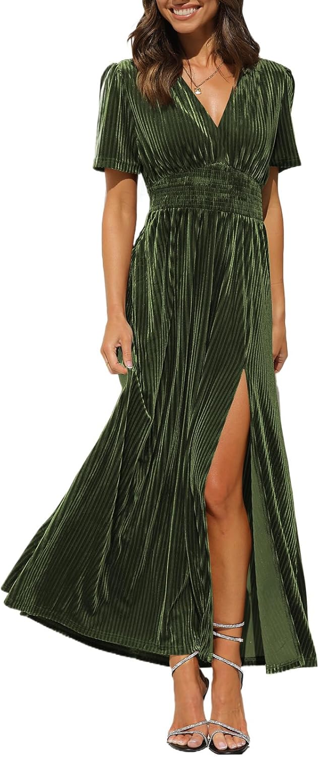 Sissyaki Women's Retro V-Neck Velvet Maxi Dress for Parties