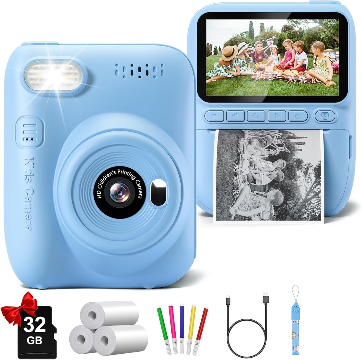 Instant Print Kids Camera, 32MP HD, 1080P, 3-12 Yrs, 32GB SD, Gofunly