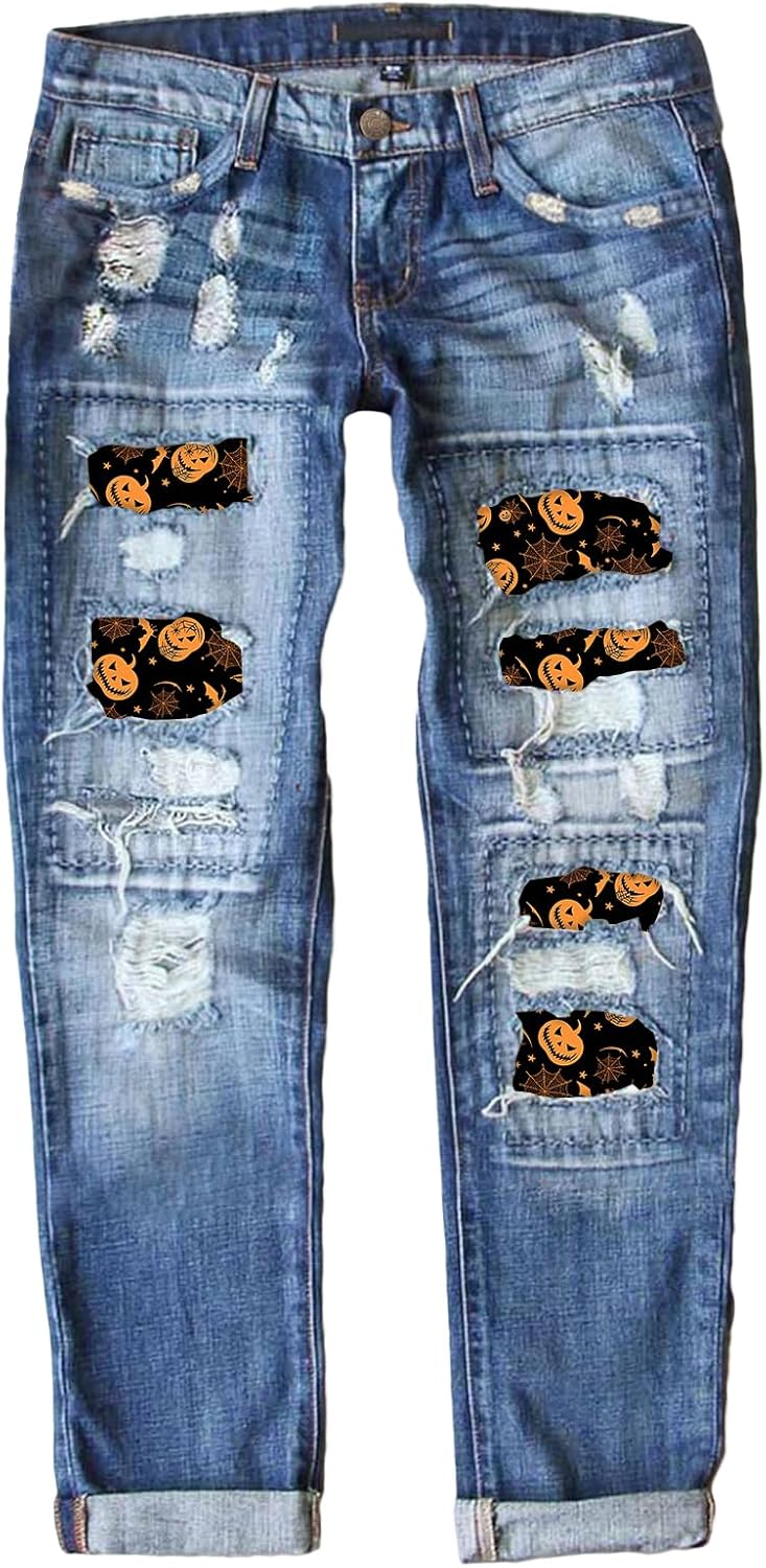 EVALESS Ripped Jeans for Women with Plaid Patch Design