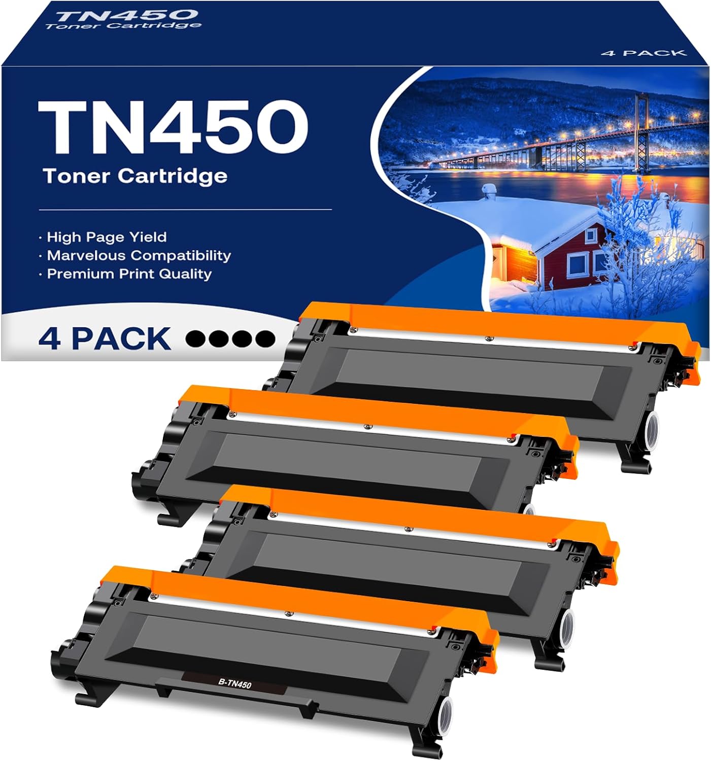 4-Pack MCYCOLOR TN450 High-Yield Toner for Brother Printers