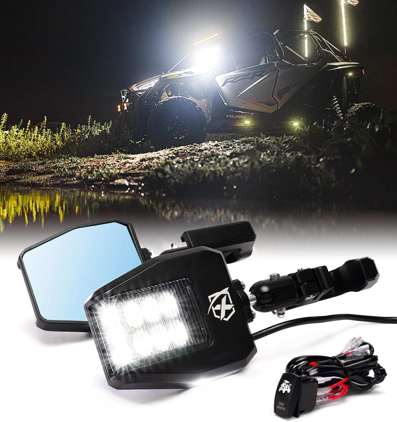 Xprite UTV LED Side Rear View Mirrors with Puddle Lights