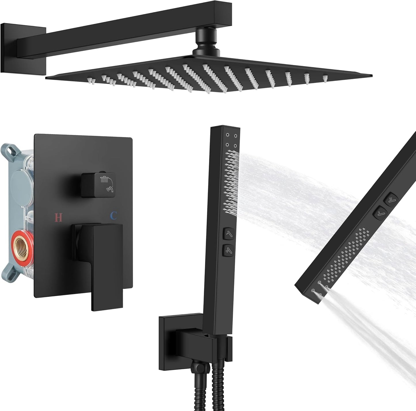 Rainfall Shower System with Square Showerhead and Handheld Sprayer