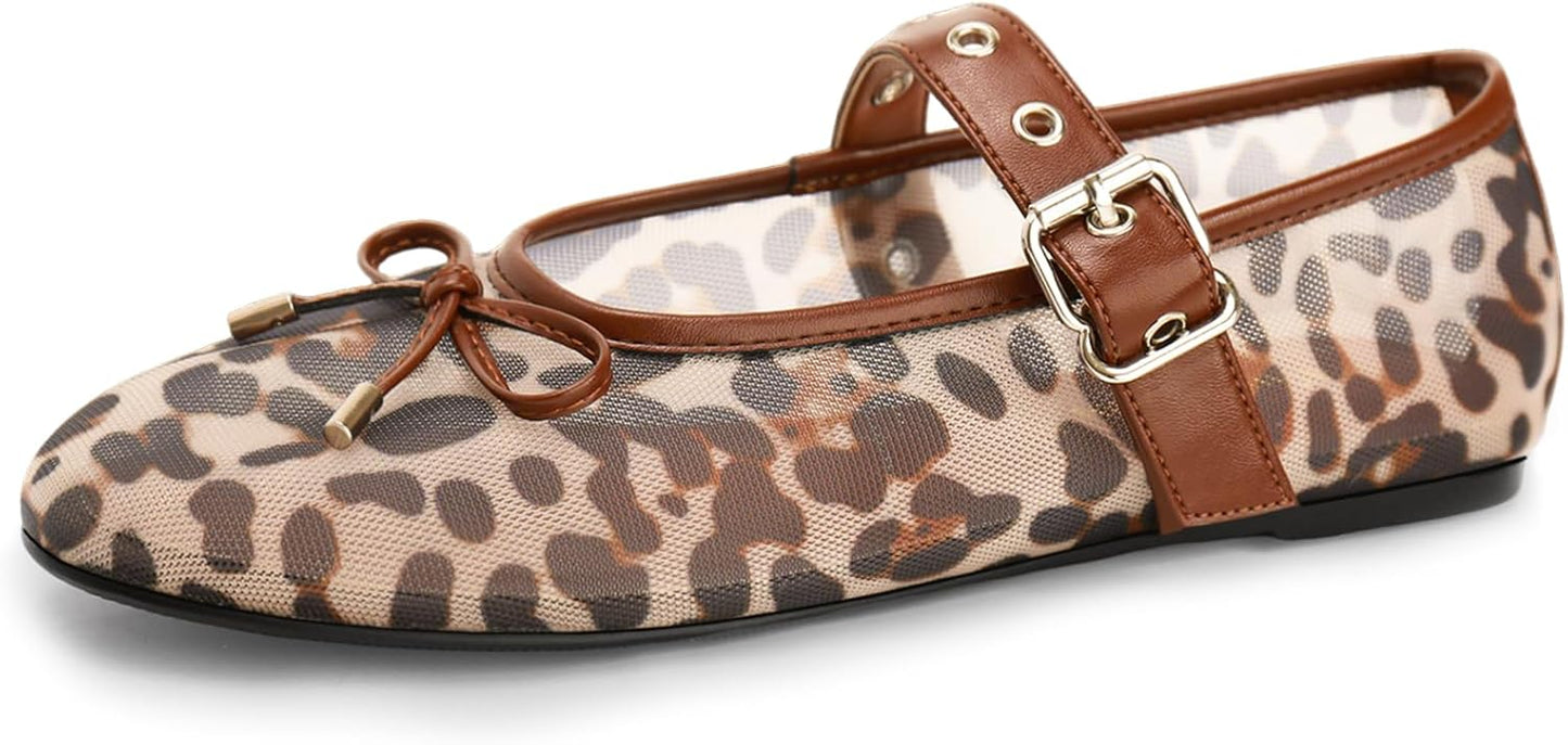Leopard Mesh Flats for Women - Chic Mary Jane Ballet Shoes